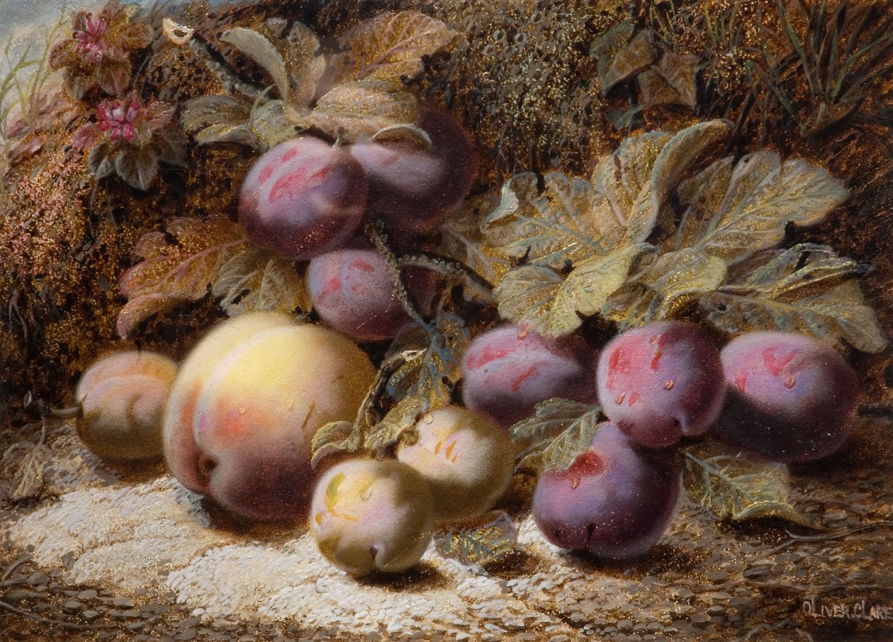 Stilleben med fersken og plommer, 1916. av Oliver Clare