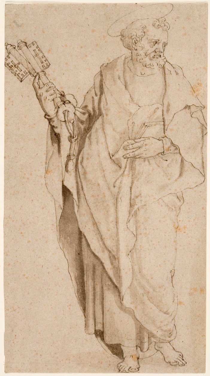 St. Peter, ca. 1575 (penn og brunt blekk og vask med kritt på papir) av Orazio Samacchini