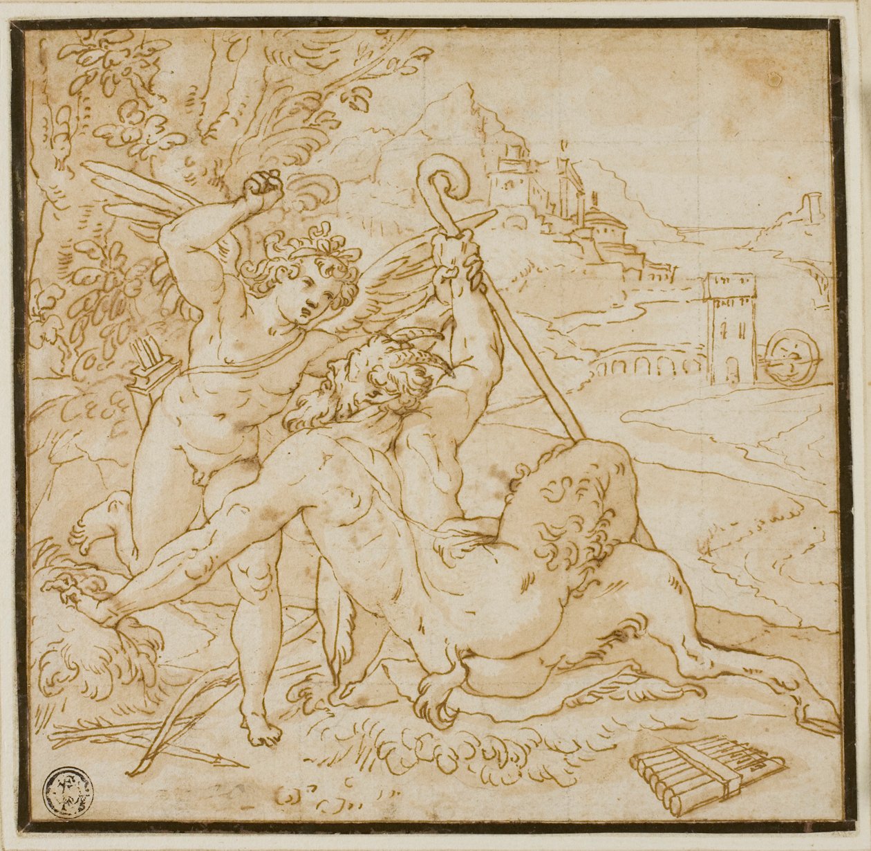 Cupid overvinner Pan av Orazio Samacchini