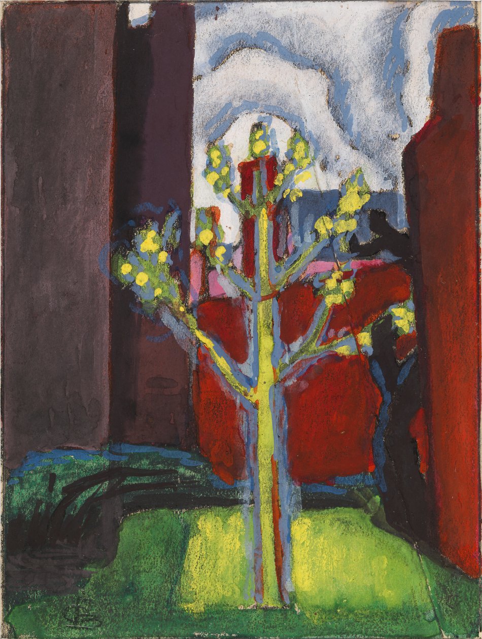 Young Tree in Red Courtyard, 1919.    1157916   no       norwegian Successfully Translated  Original: Cheval de Main et Palfreniers Romains Translat: Cheval de Main et Palfreniers Romains 1236459 no norwegian Successfully Translated Original: Søslag ved Øl av Oscar Bluemner