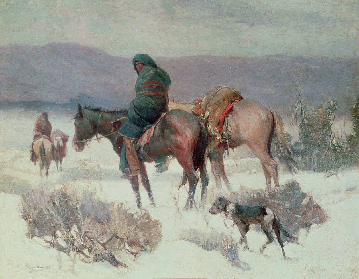 Winter Hunt (olje på lerret) av Oscar Edward Berninghaus