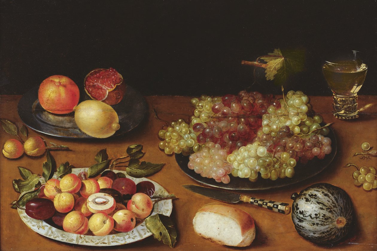Stilleben med druer, granatepler og aprikoser (olje på tre) av Osias the Elder Beert