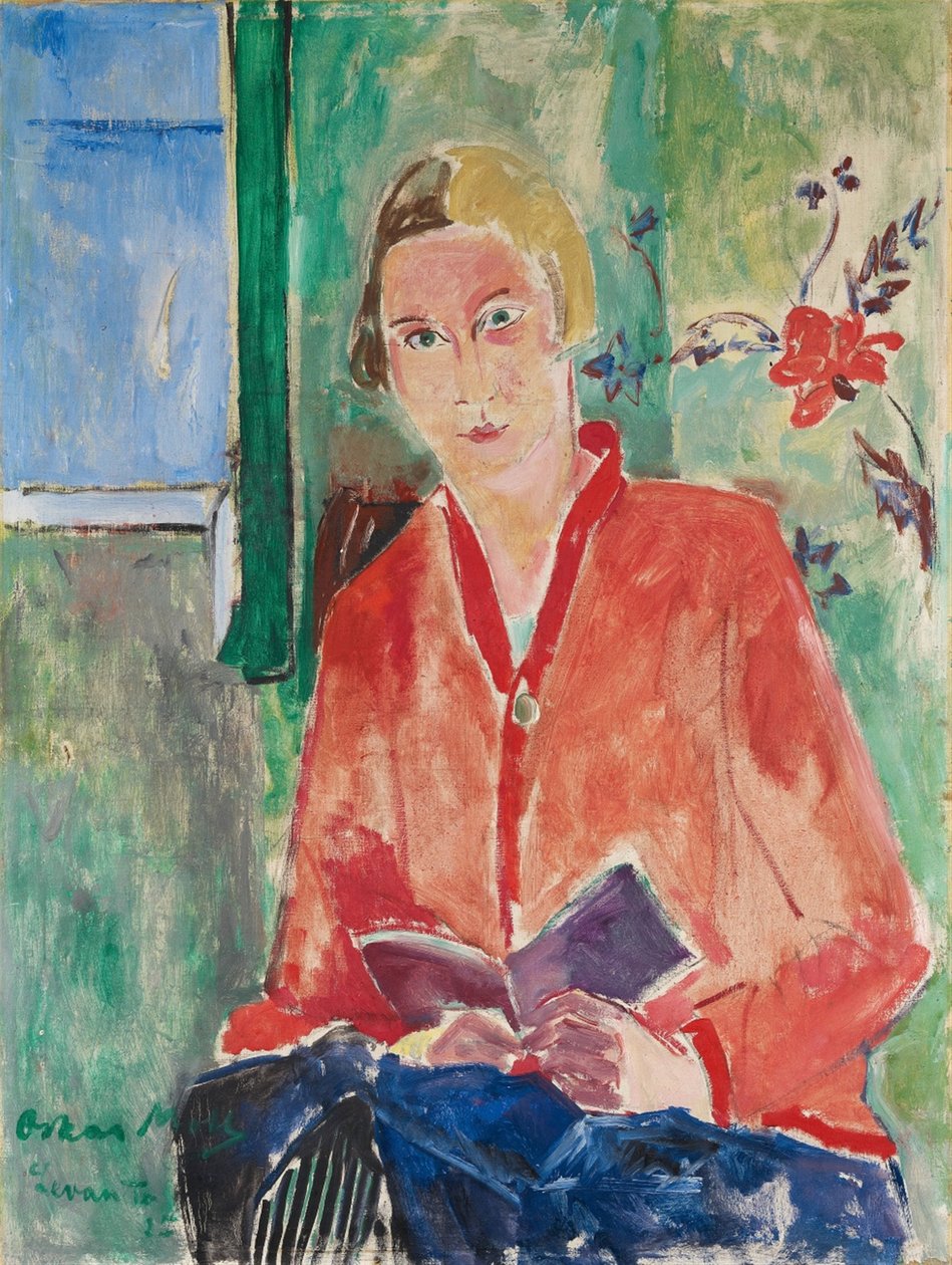 Leser med rød jakke av Oskar Moll