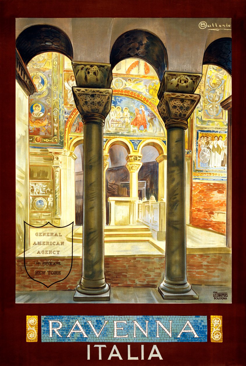 Ravenna reiseplakat, ca. 1925 (farge litho) av Osvaldo Ballerio