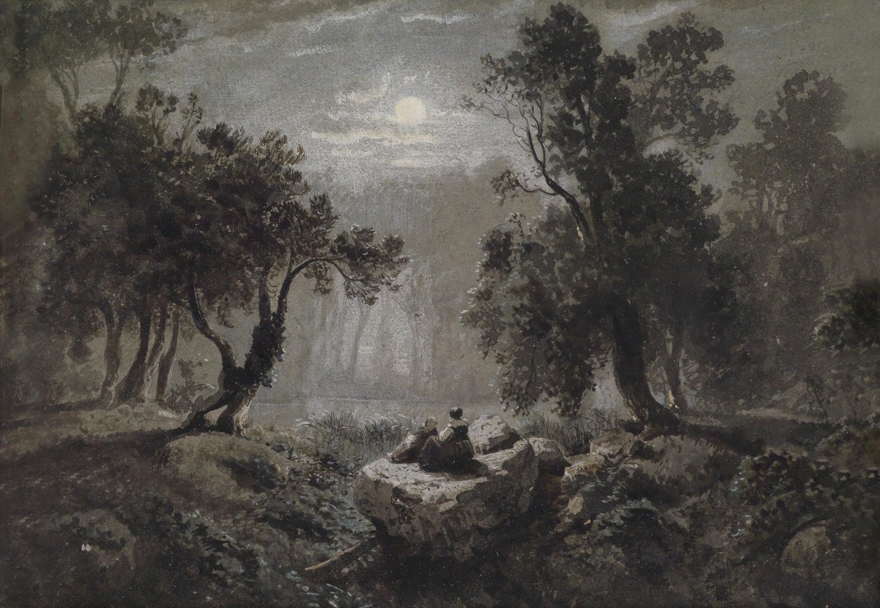 Et romantisk skoglandskap i måneskinn av Oswald Achenbach