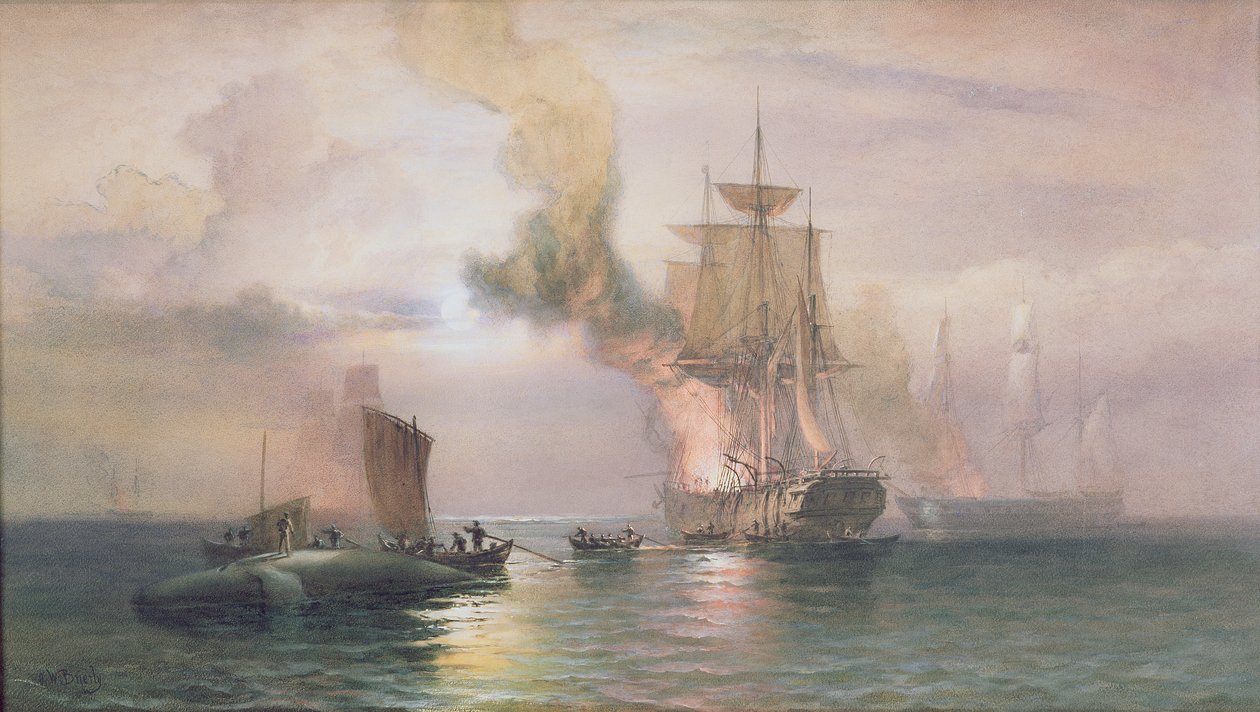 South Sea hvalfangere kokende spekk, med hval ved siden av, ca. 1875-85 av Oswald Walters Brierly