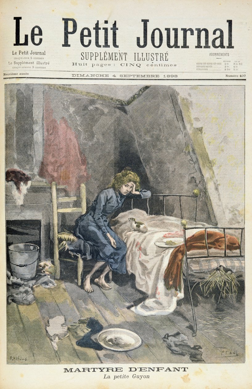 Tittelside som viser barnas martyrdød, den lille Guyon, illustrasjon fra det illustrerte tillegget til Le Petit Journal, 4. september, 1898 av Oswaldo Tofani