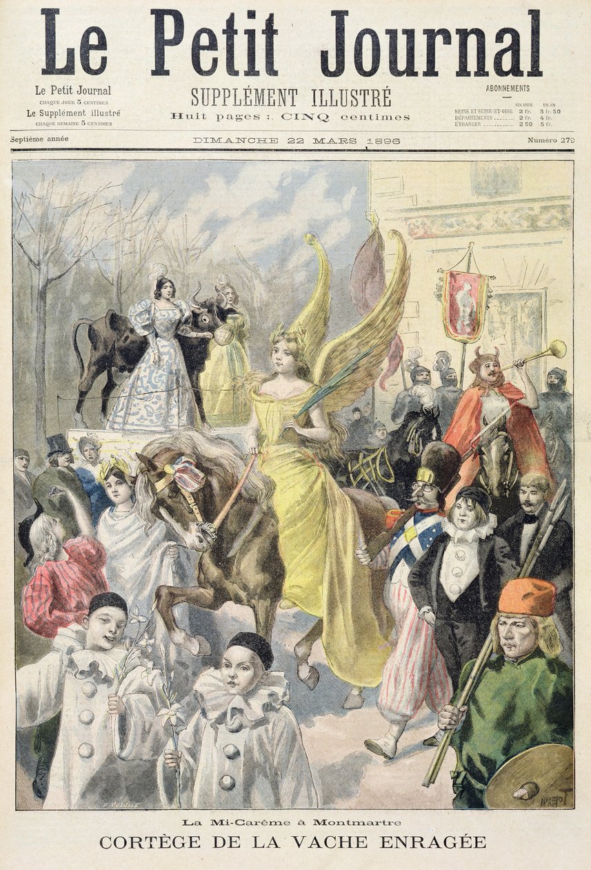 Tittelside som viser prosesjonen til den gale kuen, midt i fastetiden i Montmartre, illustrasjon fra det illustrerte tillegget til Le Petit Journal, 22. mars, 1896 av Oswaldo Tofani