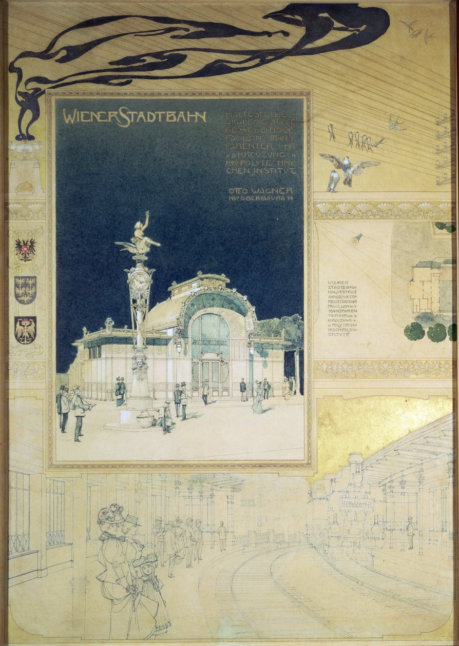 Stadtbahn-paviljongen til Wien undergrunnsjernbane, design som viser eksteriøret og utsikt over jernbaneplattformen, ca. 1894-97 (farget blyant) av Otto Wagner