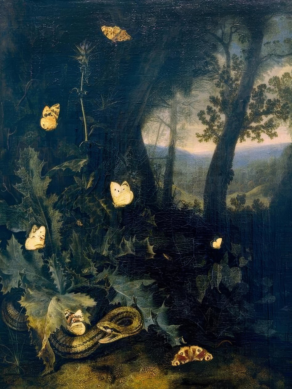 Skogbunn med tistel og slange av Otto Marseus  van Schrieck
