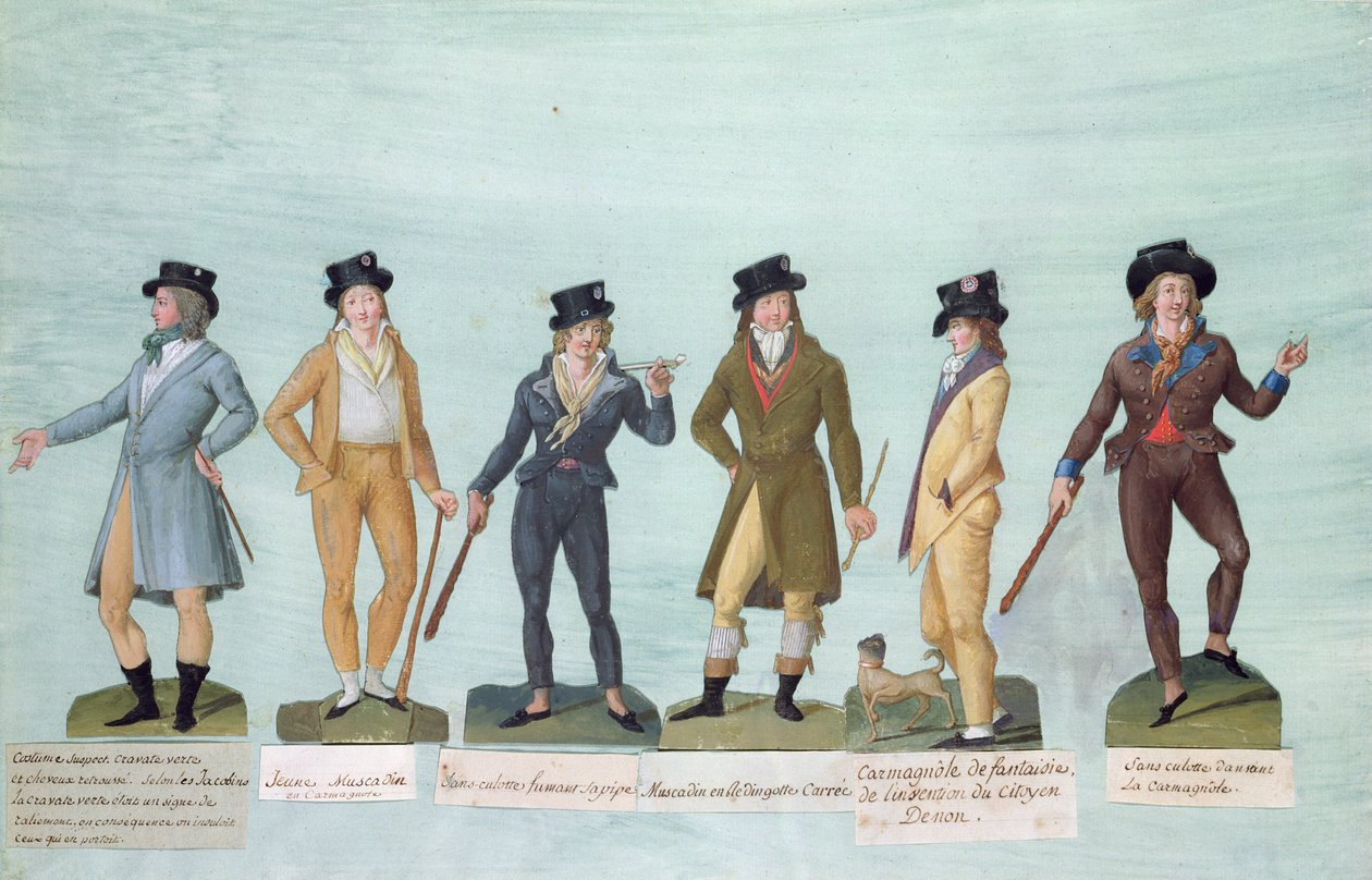 Fol.43 Fasjonabel kjole for menn under den franske revolusjonen (gouache) av P. A. and J.B. Lesueur