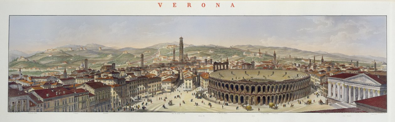 Utsikt over Verona, gravert av L. Cherbuin (fargegravering) (se 130088) av P. Majocchi