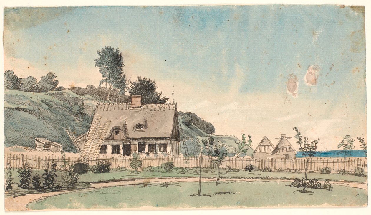 Kystlandskap med stråtakhus. av P.C. Skovgaard