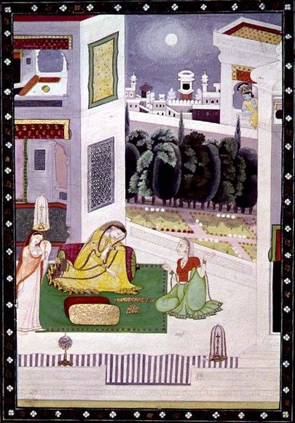 En forsømt dame, fra Prositapatika Nayika, Kangra, Himachal Pradesh, ca. 1850 av Pahari School