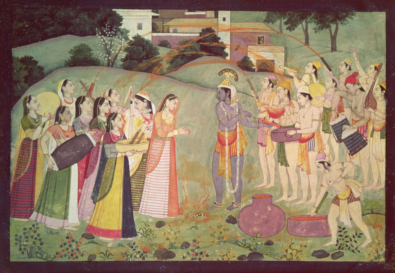 Krishna feirer festivalen Holi, Kangra, Himachal Pradesh, ca. 1775-1780 av Pahari School