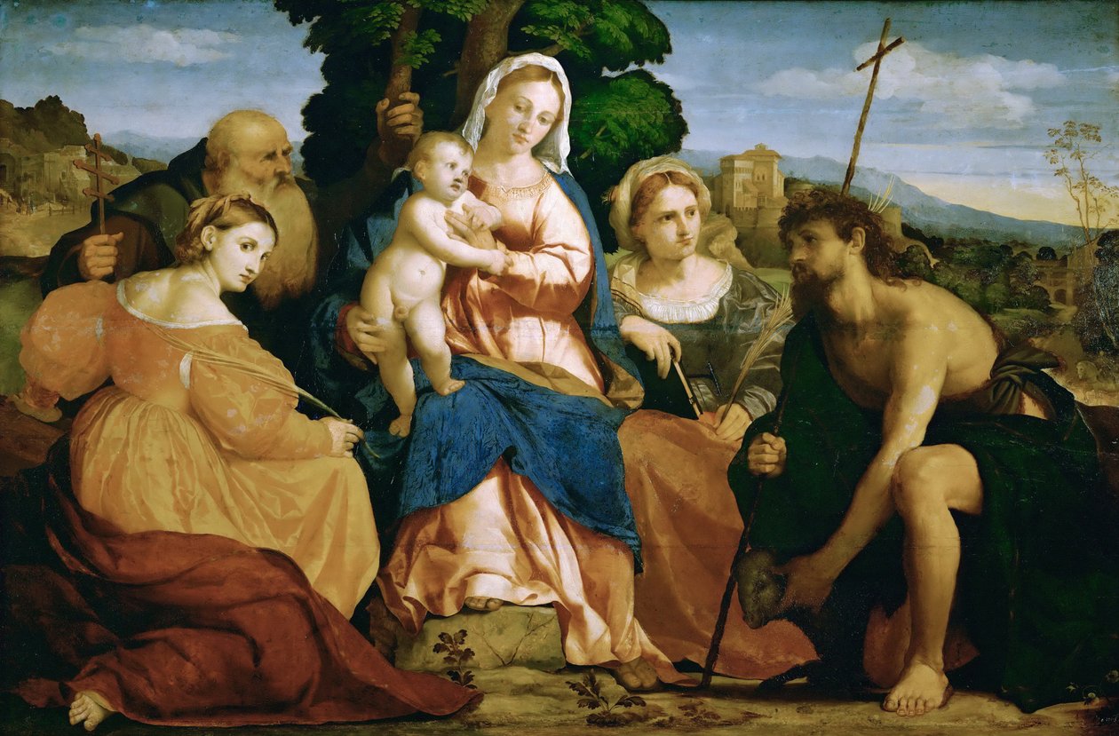 Mary med barnet og de hellige Katharina og Coelestin (til venstre) og Johannes d. Baptist og Barbara (til høyre) av Palma il Vecchio