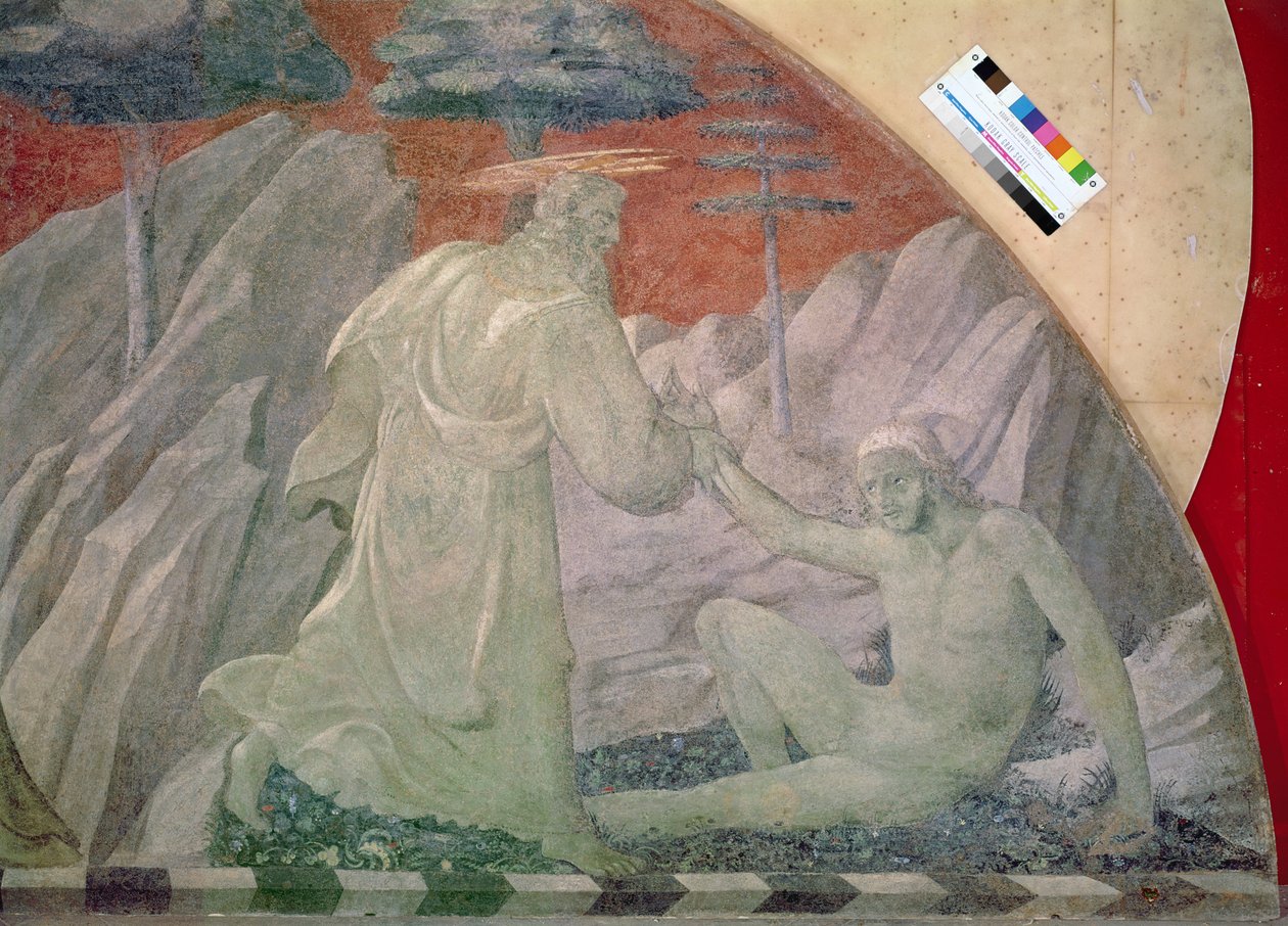 The Creation of the Animals and of Adam detalj av skapelsen av Adam, freskomaleri fra 1430 overført til lerret av Paolo Uccello