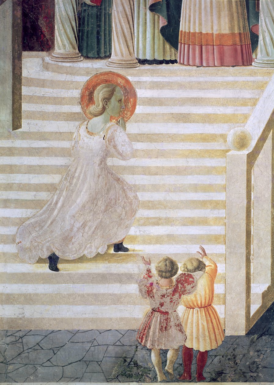 Jomfru Maria går opp trappen ved presentasjonen av Maria i tempelet, 1433-34 (detaljer) av Paolo Uccello