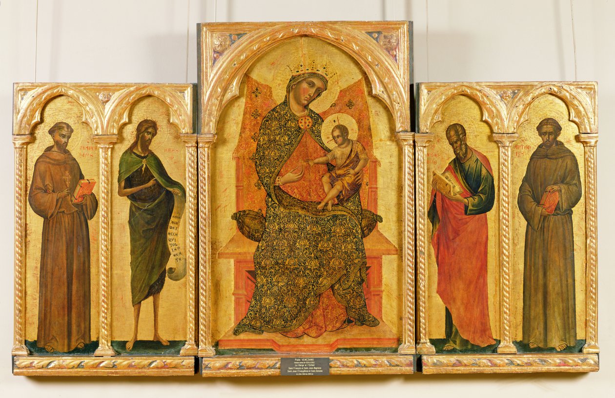 Jomfru og barn med St. Frans, døperen Johannes, Evangelisten Johannes, St. Antonius av Padua, 1354 (tempera på panel) av Paolo Veneziano