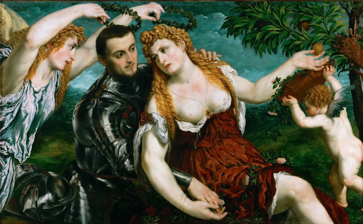 Allegory (Mars, Venus, Victoria og Amor) Venus, Mars og Amor kronet av Seier av Paris Bordone