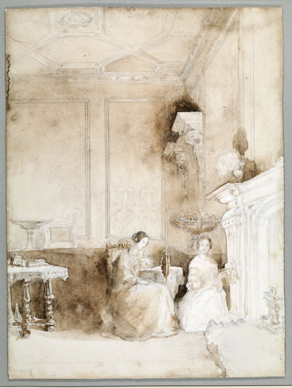 Florence Nightingale og Marianne Nicholson i salongen på Embley, ca. 1830 (blyant og vask på papir) av Parthenope Nightingale