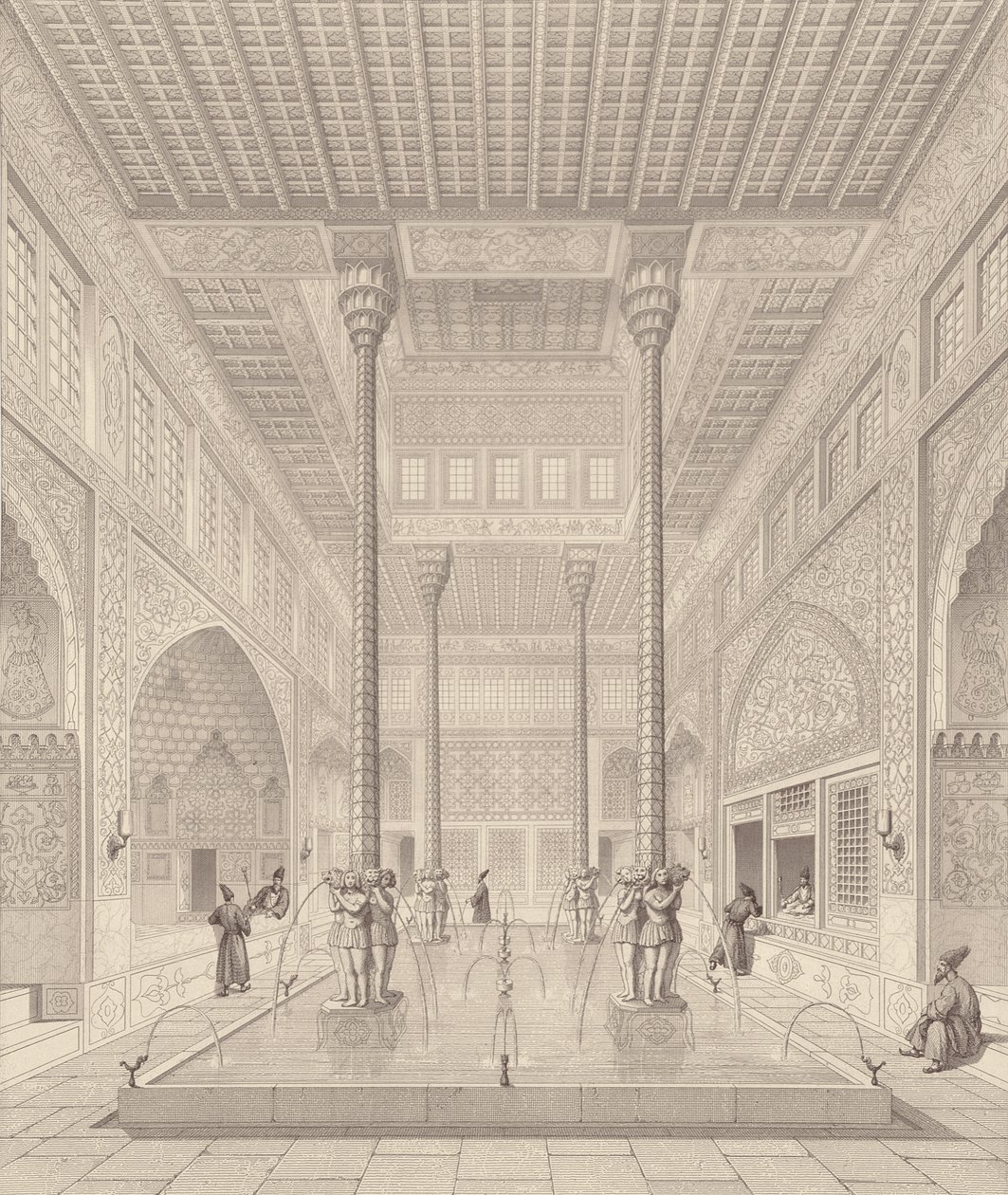 Interiøret i Tchar-Bach-palasset, Isfahan, fra Moderne monumenter i Persia, gravert av Claude Sauvageot (1832-85) og Jean Charles Huguet, 1856 av Pascal Xavier after Coste
