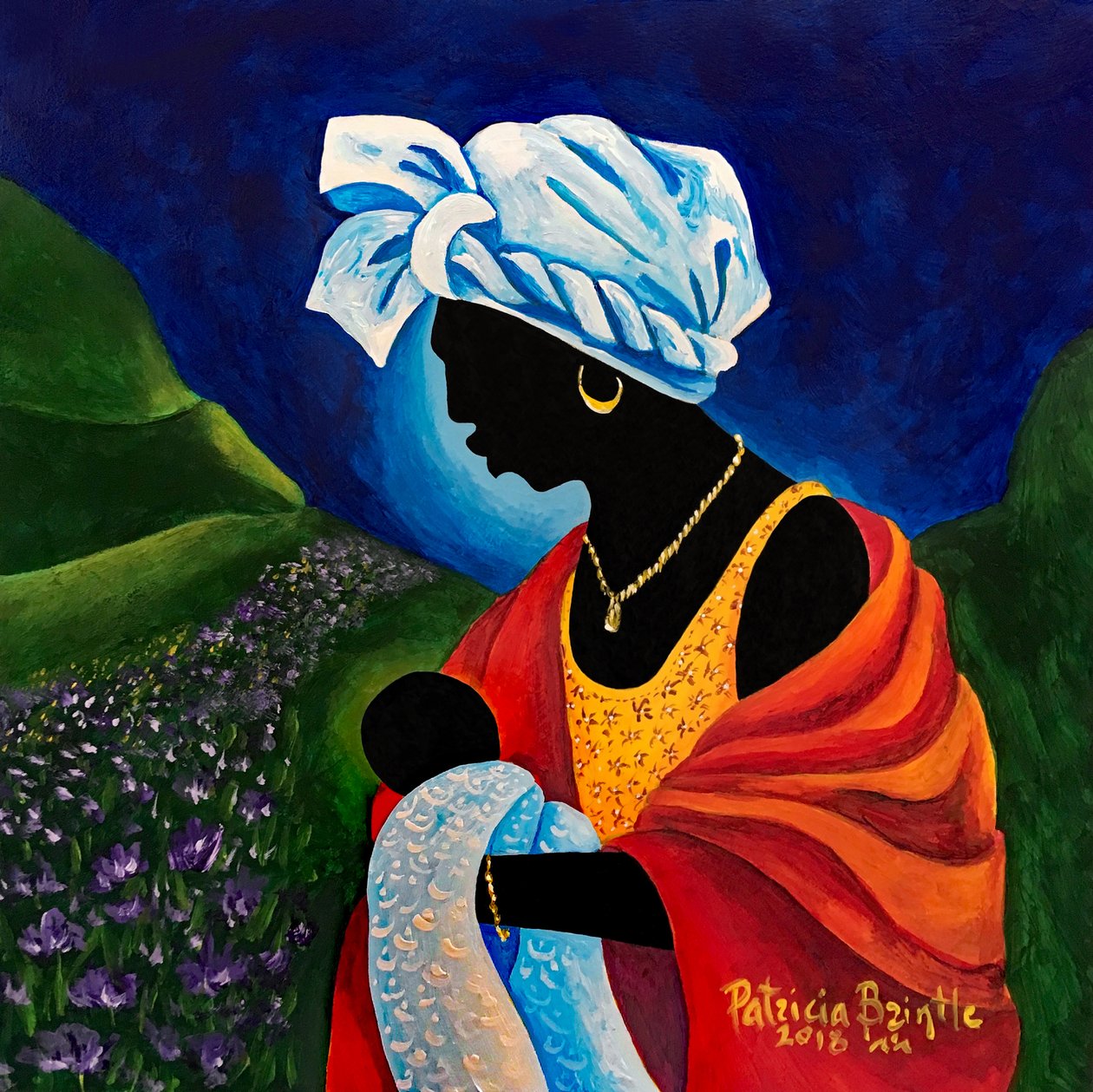Madonna and Child - Lilly Field, 2018 (akryl på tre) av Patricia Brintle