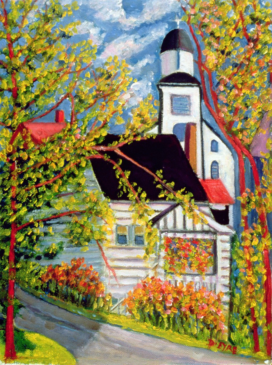 Hus med kirke, Badeck (olje på lin) av Patricia Contemporary Artist Eyre