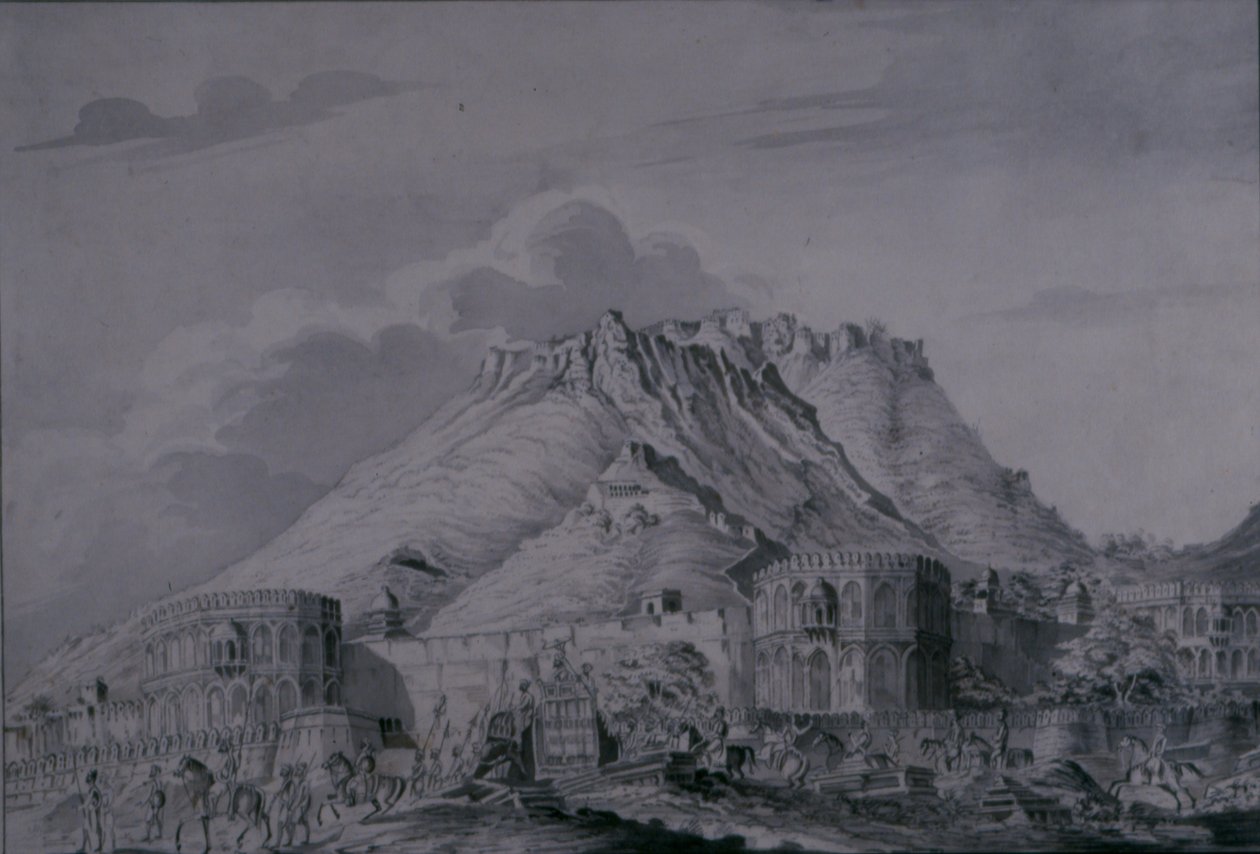 Festningen og byen Ajmere, 1820 (blyant og vask på papir) av Patrick Waugh