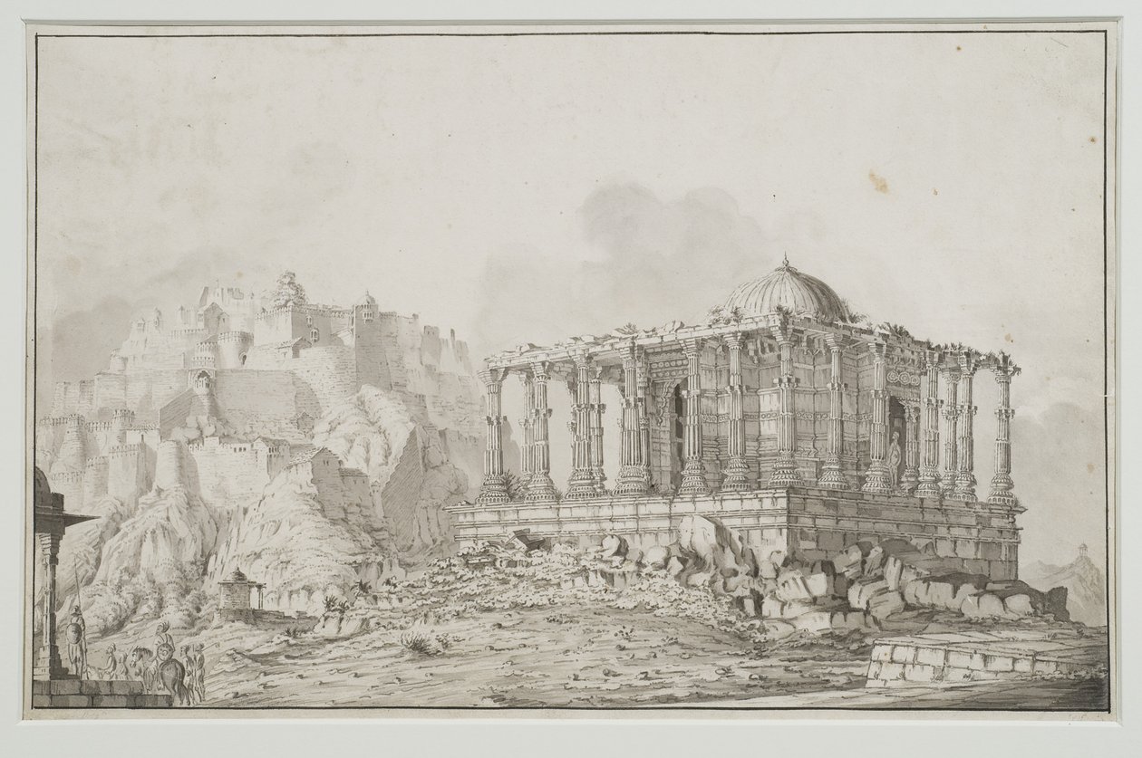 Jain-tempelet i festningen Komulmer (Kumbhalgarh) (blyant og vask på papir) av Patrick Waugh