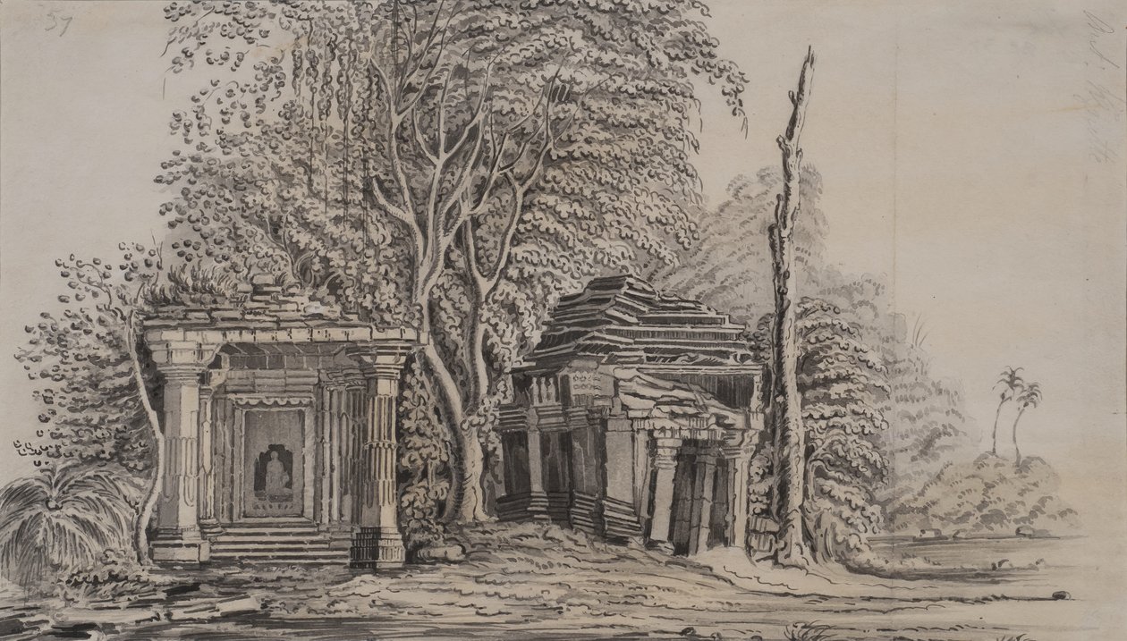 Temples of Gunga Bheou, 1820 (blyant og vask på papir) av Patrick Waugh