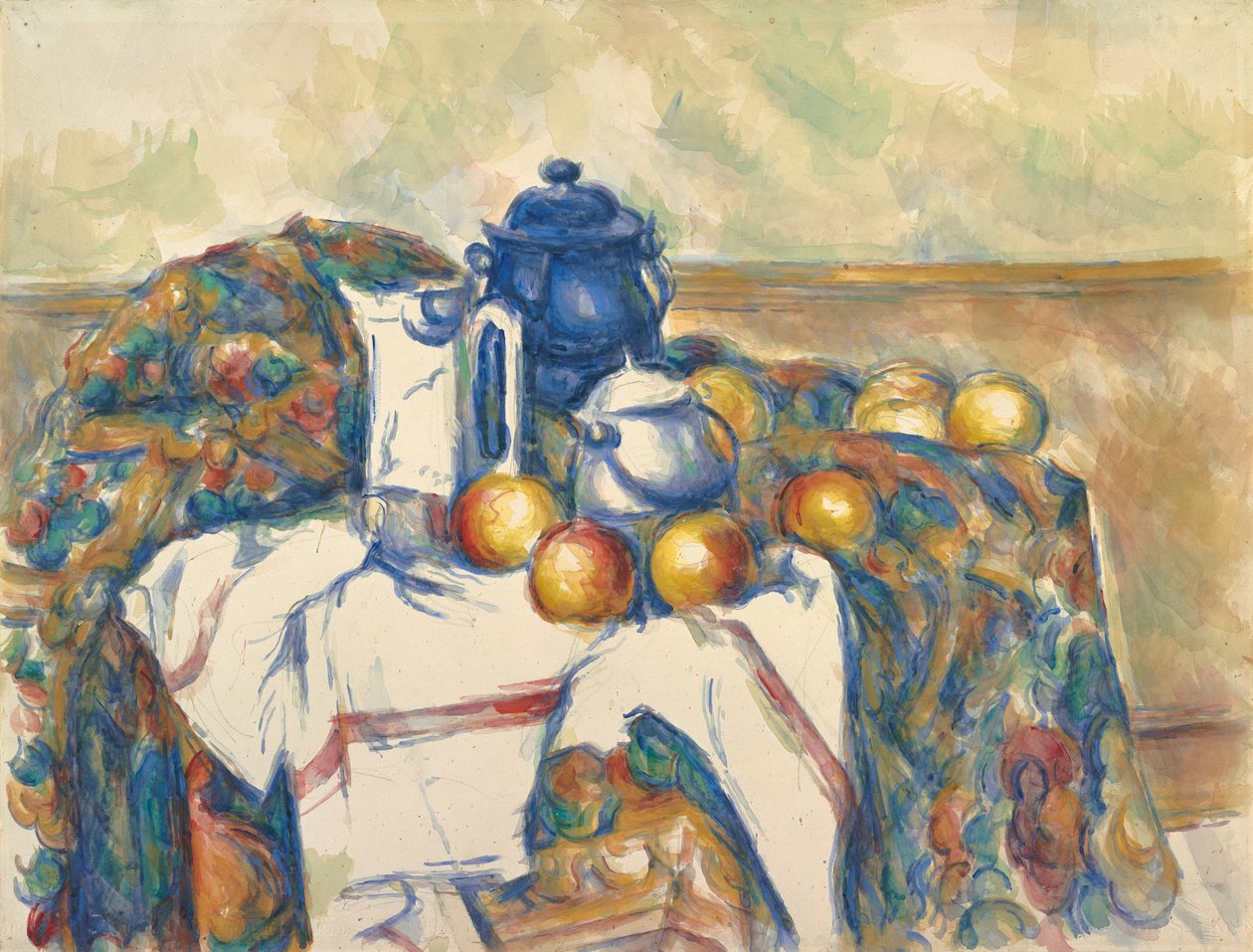 Stilleben med blå gryte, ca. 1900 (akvarell over grafitt) av Paul Cézanne