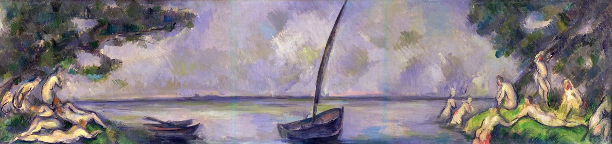 Båt og badegjester av Paul Cézanne
