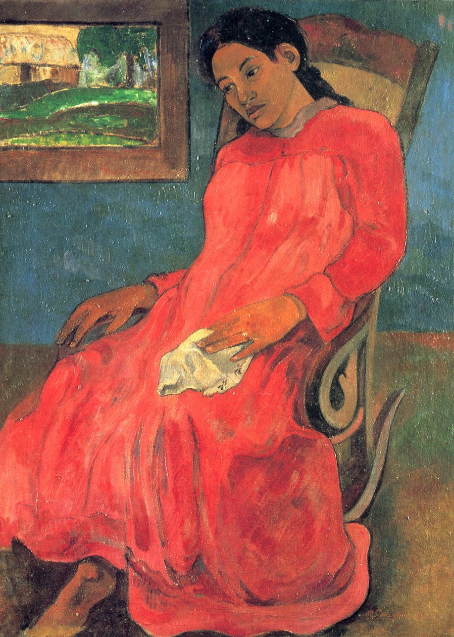 Kvinne i rød kjole av Paul Gauguin