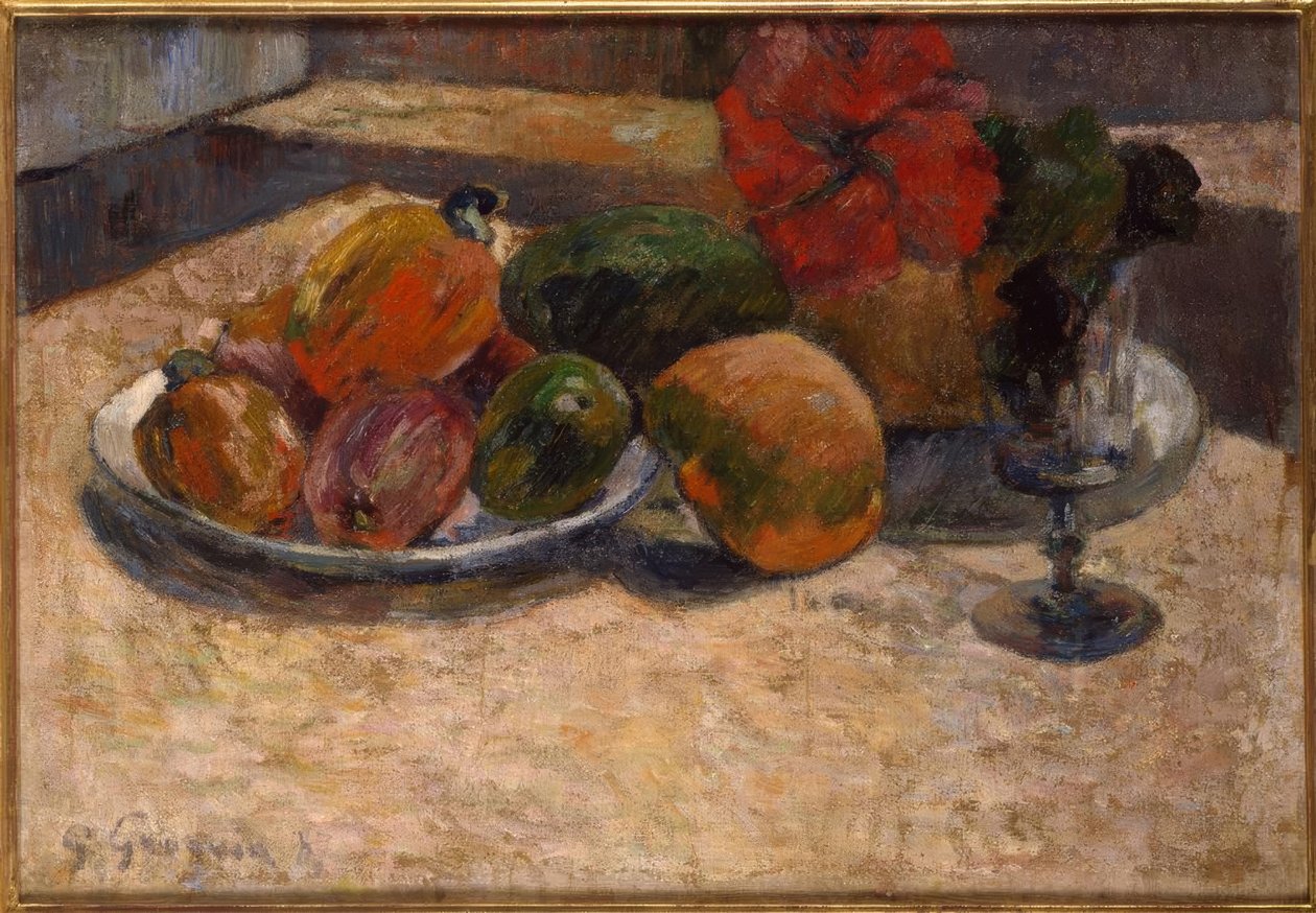 Eksotisk frukt og røde blomster av Paul Gauguin