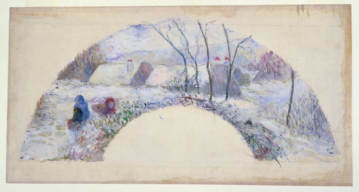 Hage under snø, design for en vifte, ca. 1885 (wc og kroppsfarge over svart kritt på fint lin) av Paul Gauguin