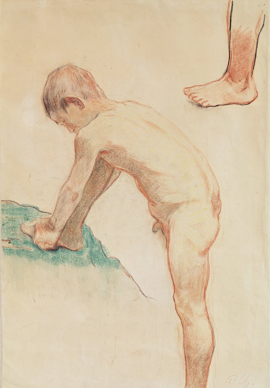 Studie av en gutt og en fot, 1888 (rødt kritt, kull og pastell på beige papir) (se også 146451) av Paul Gauguin