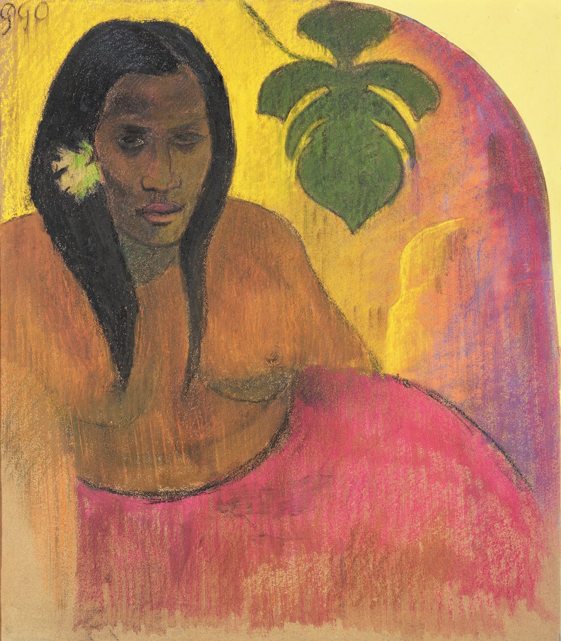 Tahitiske kvinner, ca. 1894 (kull og pastell på papir lagt ned om bord) av Paul Gauguin