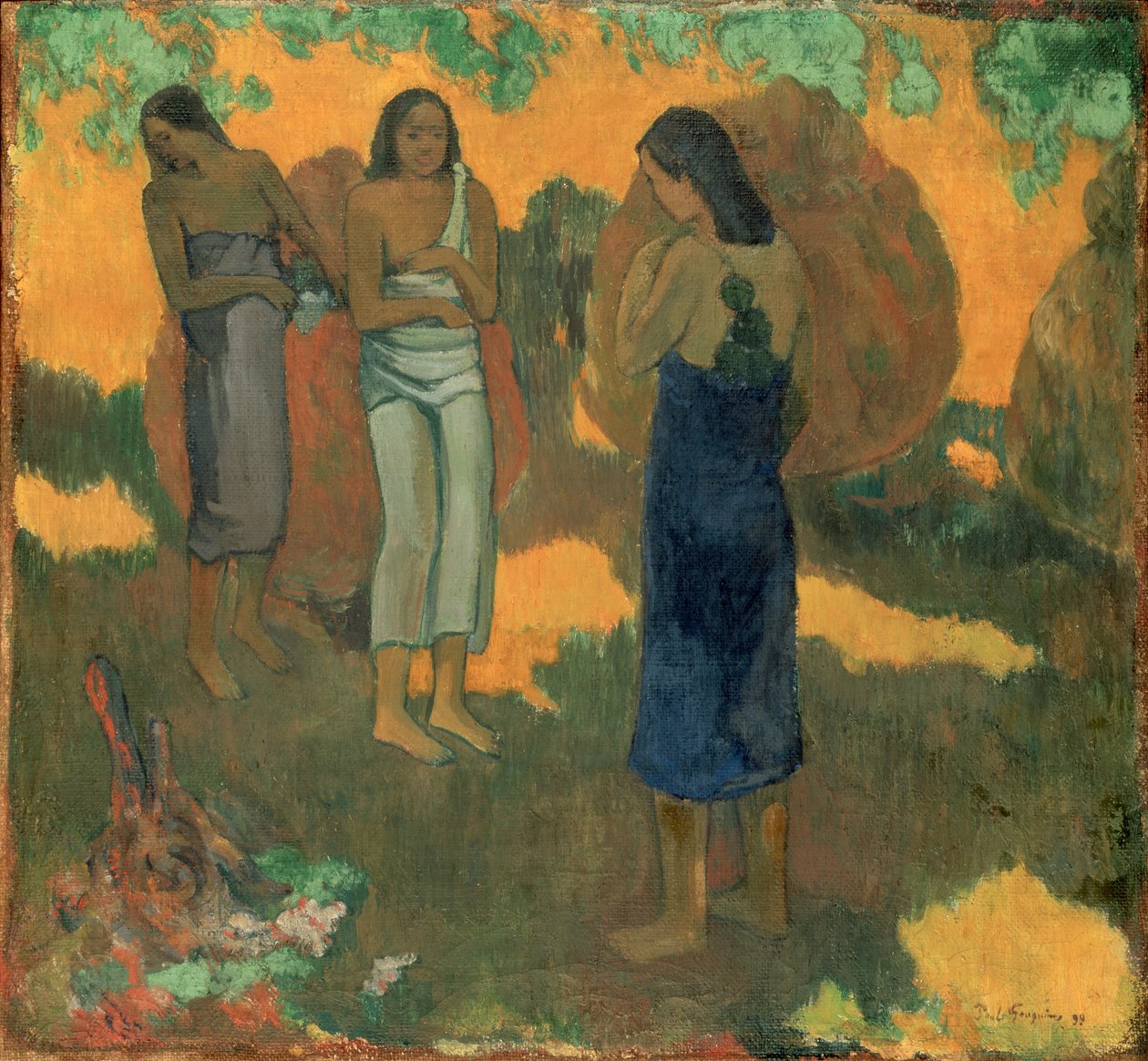 Tre tahitiske kvinner mot en gul bakgrunn av Paul Gauguin