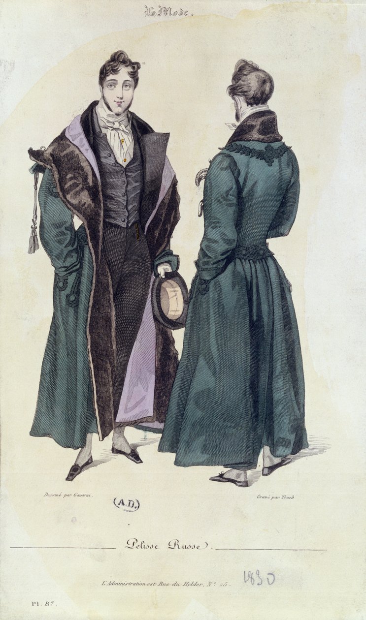 Fransk moteplate av en Pelisse Russe, 1830 (fargegravering) av Paul Gavarni