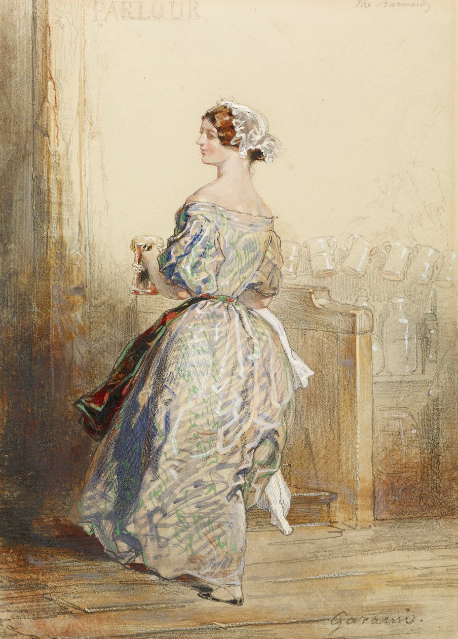 The Barmaid, ca. 1850 (wc, fargestift og grafitt forhøyet med hvitt på papir) av Paul Gavarni