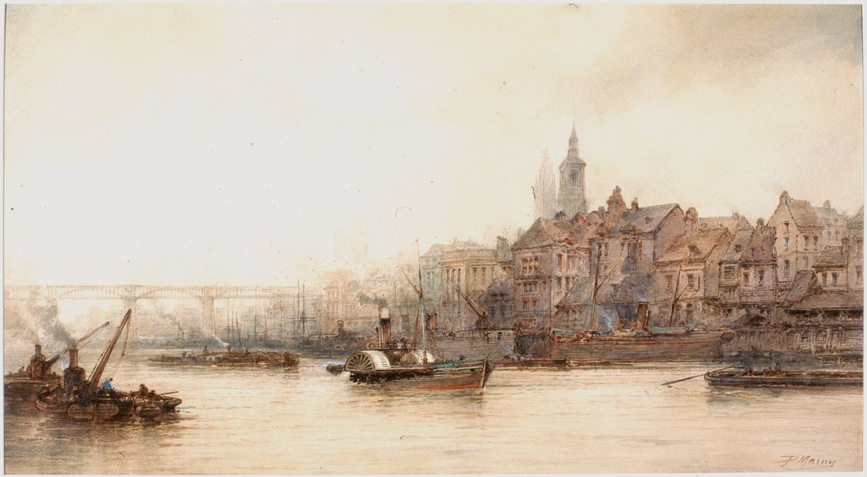 Newcastle River Frontage (kroppsfarge, blyant og wc på papir) av Paul Marny