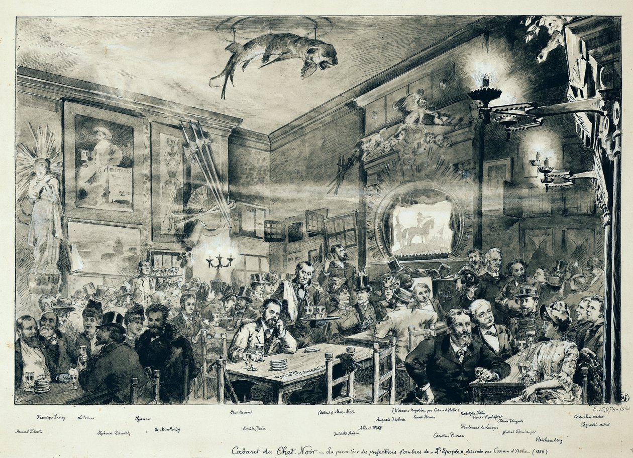 The Cabaret du Chat Noir, 1886 (penn og blekk og vask på papir) av Paul Merwart