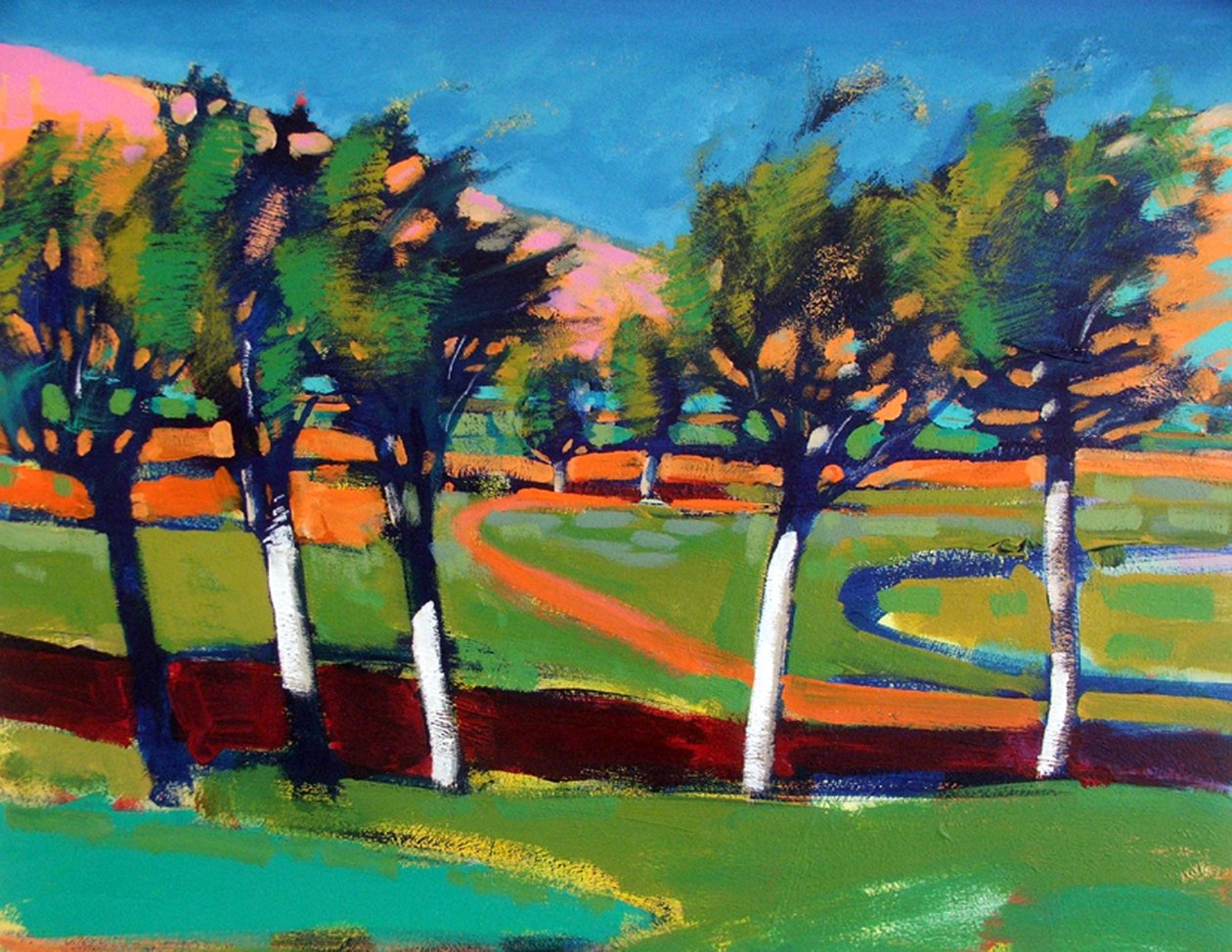 Evergreen (akryl om bord) av Paul Powis