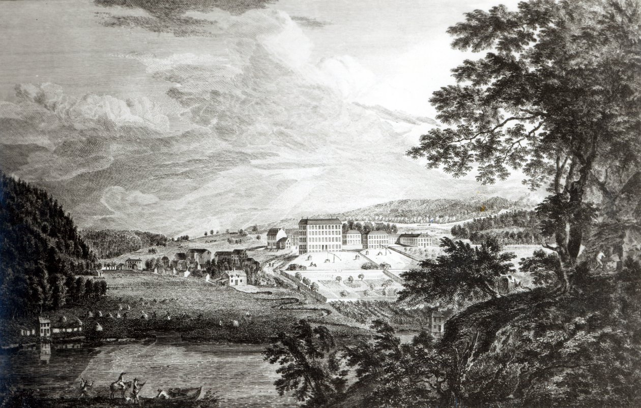 En utsikt over Bethlem den store moraviske bosetningen i provinsen Pennsylvania fra 