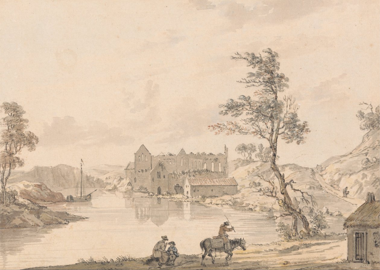 Askeaton Abbey nær Limerick, Irland ved elven Deel av Paul Sandby