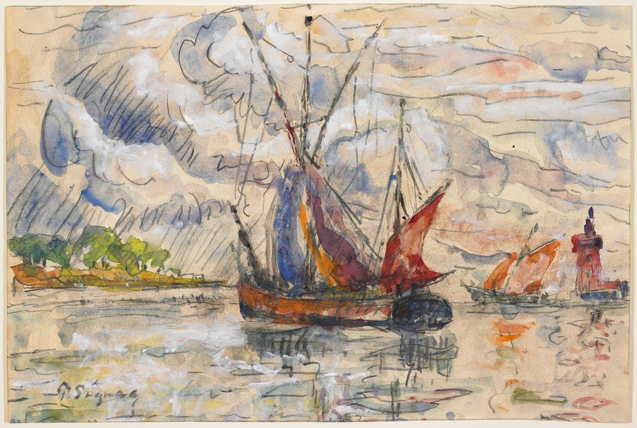 Fiskebåter i La Rochelle, ca. 1919-21 (grafitt, wc og ugjennomsiktig hvit) av Paul Signac