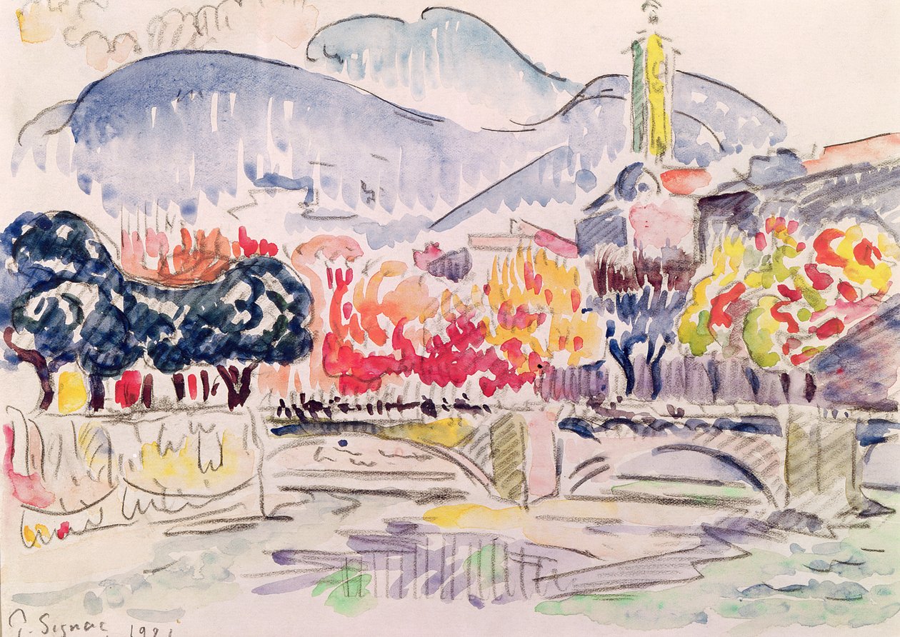 Le Paillon, Nice, 1921 (blyant og wc på papir) av Paul Signac