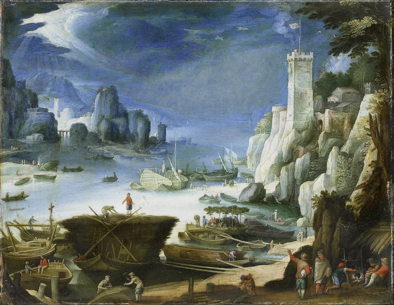 Elveutsikt med stor stein av Paul Bril (copy after)