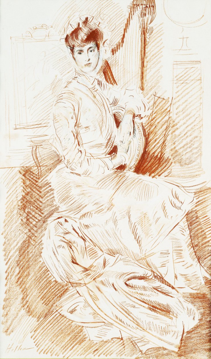 Madame Helleu sitter ved en harpe, av Paul Cesar Helleu